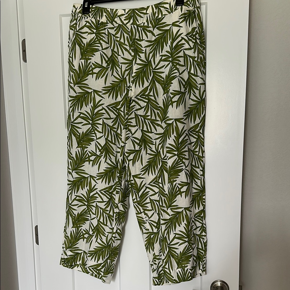 Nicole Miller Green and White Wide Leg Linen-blend Pants